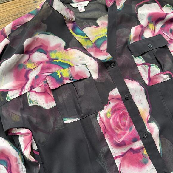 Candie’s Sheer Floral Button Up Blouse Black Pink Rose Print High Low Hem Sz S - Picture 4 of 6